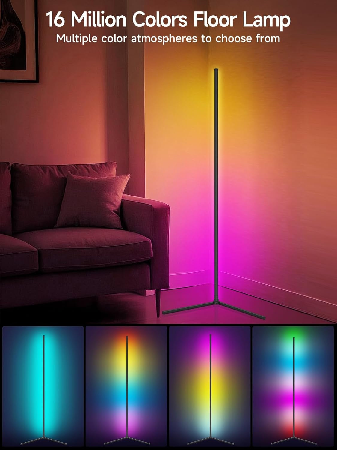 LED Floor Lamp, Smart RGB Corner Lamp, Dimmable Colour Changing Standing Lamp with APP & Remote Control, Music Sync, Modern Mood Corner Floor Lamp for Living Room, Bedroom, Gaming Room