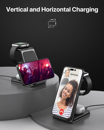 3 in 1 Wireless Charging Station for Iphone,Aluminum Alloy Fast Wireless Charger Stand for Iphone 17/16/15/14,Phone and Watch Charger Stand for Apple Watch,For Airpods (Black)