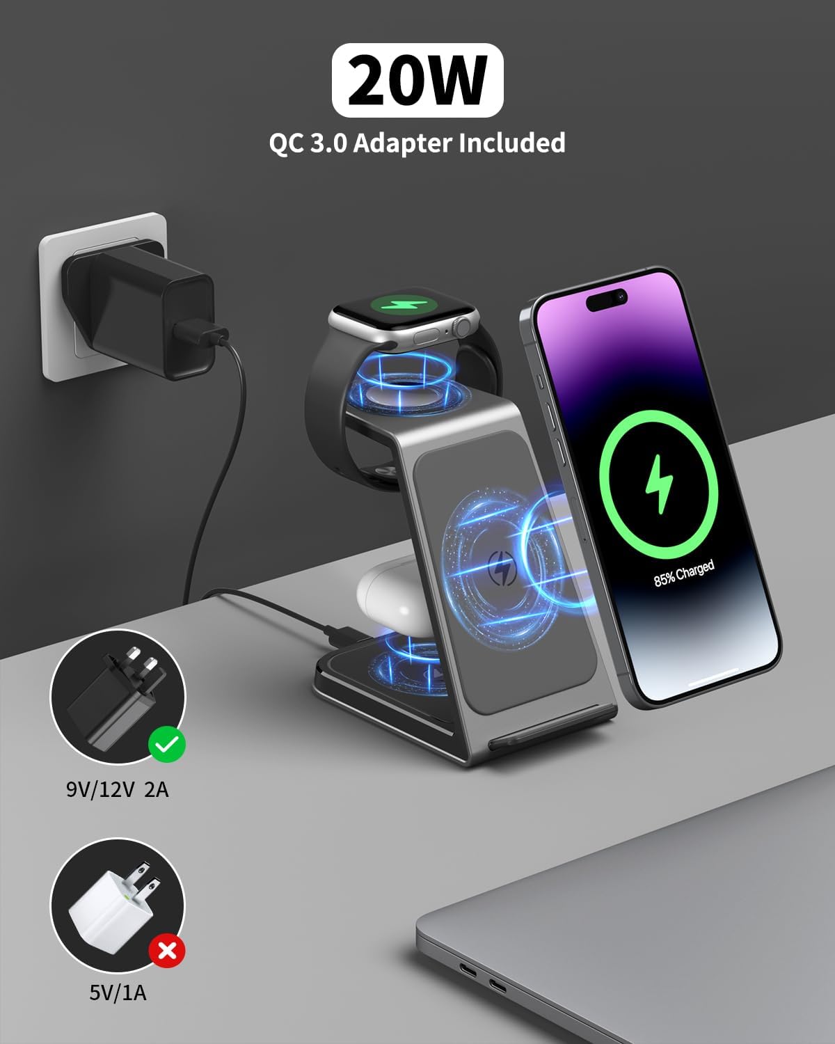 3 in 1 Wireless Charging Station for Iphone,Aluminum Alloy Fast Wireless Charger Stand for Iphone 17/16/15/14,Phone and Watch Charger Stand for Apple Watch,For Airpods (Black)