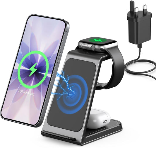 3 in 1 Wireless Charging Station for Iphone,Aluminum Alloy Fast Wireless Charger Stand for Iphone 17/16/15/14,Phone and Watch Charger Stand for Apple Watch,For Airpods (Black)