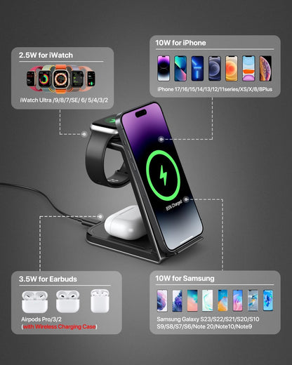 3 in 1 Wireless Charging Station for Iphone,Aluminum Alloy Fast Wireless Charger Stand for Iphone 17/16/15/14,Phone and Watch Charger Stand for Apple Watch,For Airpods (Black)