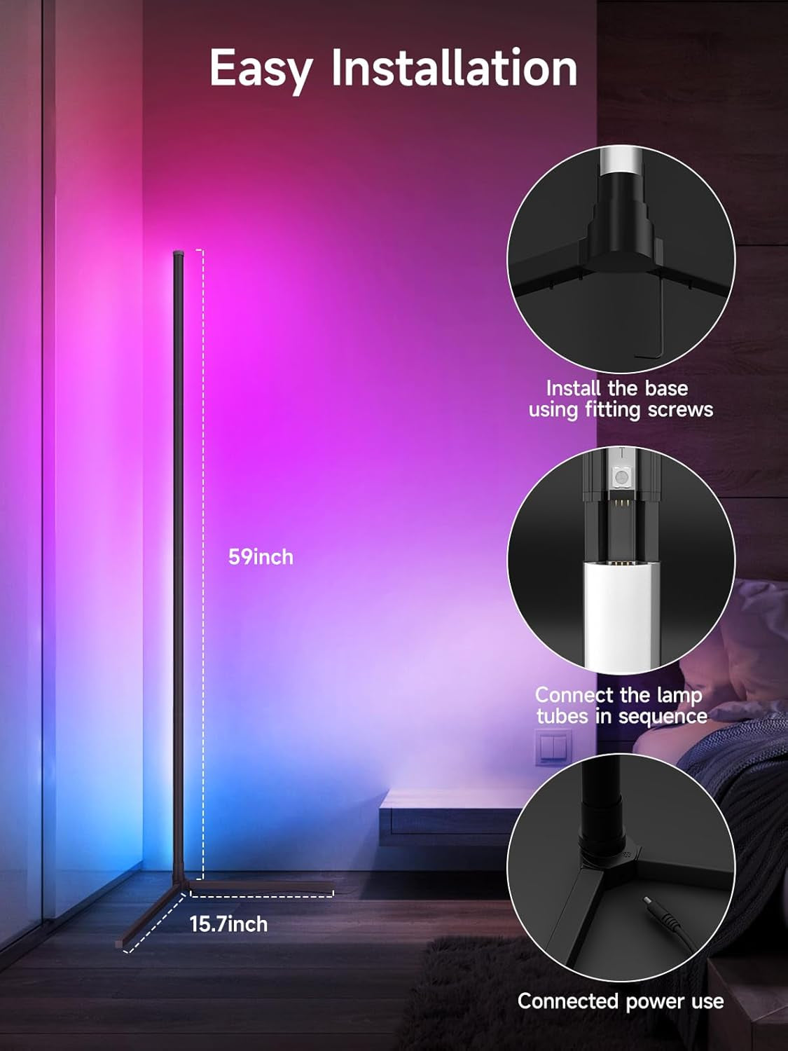 LED Floor Lamp, Smart RGB Corner Lamp, Dimmable Colour Changing Standing Lamp with APP & Remote Control, Music Sync, Modern Mood Corner Floor Lamp for Living Room, Bedroom, Gaming Room